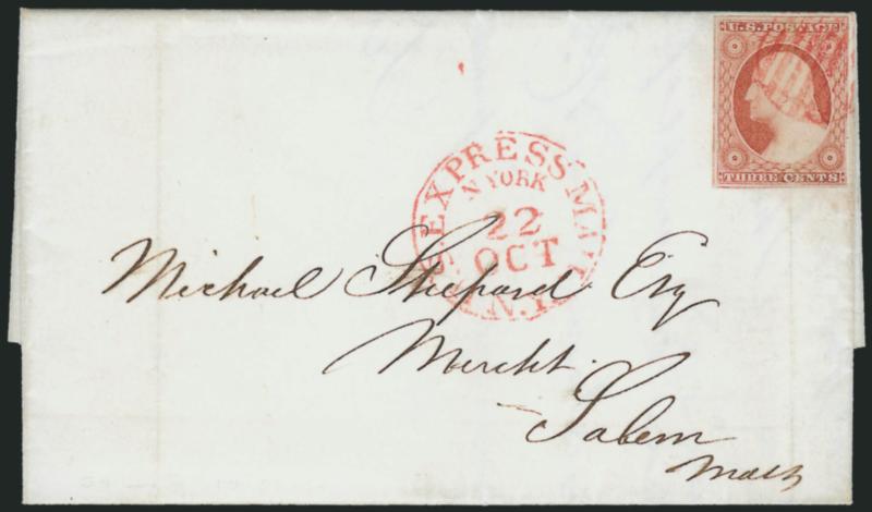 3c Brownish Carmine, Ty. II (11A var).> Position 64L1L, large margins to full incl. part of adjoining stamps at left and bottom, tied by <red> grid, matching <U.S. Express Mail N.Y. N. York 22 Oct.> circular
datestamp on 1851 folded letter to Salem