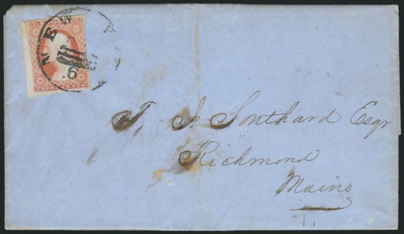 3c Experimental Orange Brown, Ty. II (11A).> Position 91R1L, large margins to in incl. <sheet margin> at left, diagonal crease at left, tied by <New York Oct. 6> three-bar circular datestamp on blue 1851 folded
letter to Richmond Me., vertical file