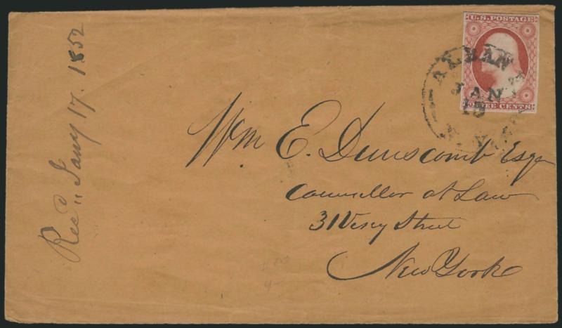 3c Brownish Carmine,Ty. II (11A).> Position 44L3, large margins all around, rich color, tied by <Albany N.Y. Jan. 15> circular datestamp on buff cover to New York City, 1852 docketing at left, some trivial wear,
Very Fine, this is <the earliest doc