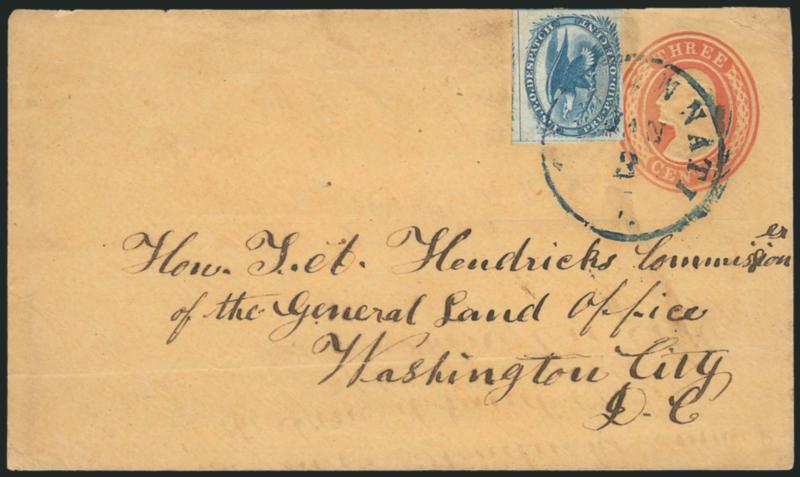 1c Blue, Eagle Carrier (LO2).> Large margins to ample at bottom, tied by blue <Cincinnati O. Jan. 3> circular datestamp on <3c Red Nesbitt (U10) entire> to General Land Office in Washington D.C., some ms.
offset and fold at bottom of entire, otherw