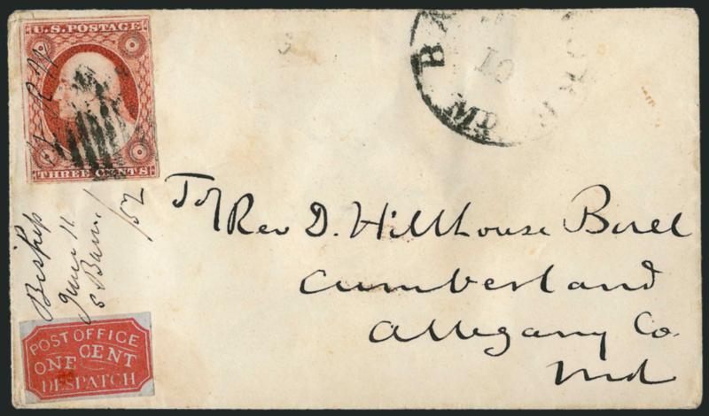 Baltimore Md., 1c Red on Bluish (1LB1).> Large margins to clear at right, uncancelled but just tied by docketing, used with 3c Dull Red, Ty. II (11A), ample to large margins, grid cancel, Baltimore Md. Jun. 10
circular datestamp on small cover to C