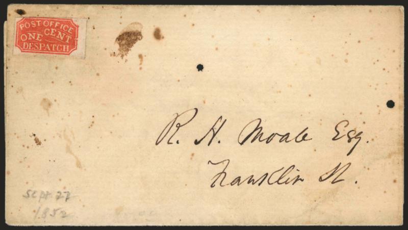 Baltimore Md., 1c Red (1LB5).> Type 4, large margins to slightly in at top left, uncancelled, used on Sep. 27, 1852 folded letter to local street address, stamp and cover with slight toning and age spotting,
otherwise Fine, the Red on White Baltimore