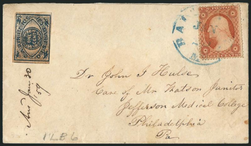 Baltimore Md., 1c Blue (1LB6).> Large margins to clear at bottom, uncancelled, lightly toned, used with 3c Dull Red, Ty. II (26A), pulled perfs at left, tied by blue Baltimore Md. Jan. 23 circular datestamp on
cover to Philadelphia, Fine
