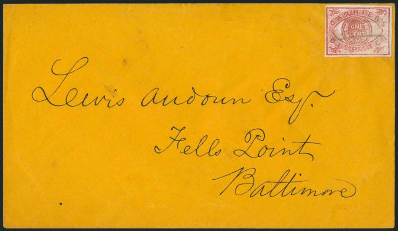 Baltimore Md., 1c Red (1LB7).> Full to large margins, pencil cancel, used on buff cover to Fells Point in Baltimore, Extremely Fine, ex Caspary