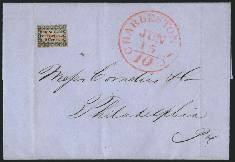 Honours City Post, Charleston S.C., 2c Black on Bluish Pelure (4LB5).> Full even margins, red crayon X cancel, used on blue folded cover to Philadelphia Pa., red Charleston S.C. Jun. 1510 integral-rate circular
datestamp, file folds clear of st