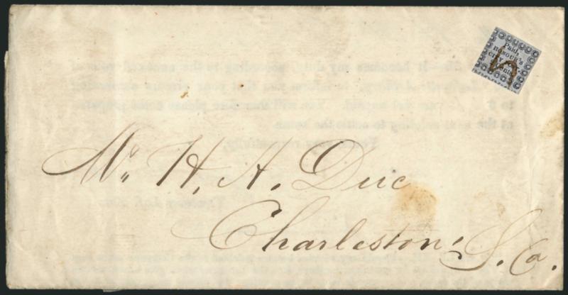 Honours City Post, Charleston S.C., 2c Black on Bluish (4LB8).> Large to huge margins with ornaments of adjoining stamp showing at bottom, slightly in at left, ms. cancel, used on Aug. 1, 1853 folded printed
notice to local addressee, Very Fine
