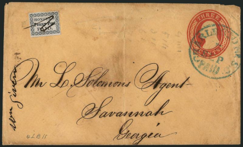 Honours Penny Post, Charleston S.C., (2c) Black on Bluish (4LB11).> Ample to large margins, tied by ms. cancel on 3c Red Nesbitt (U10) entire to Savannah Ga., blue Charleston S.C. Paid 7 Sep. (ca. 1855)
circular datestamp, vertical crease at cente