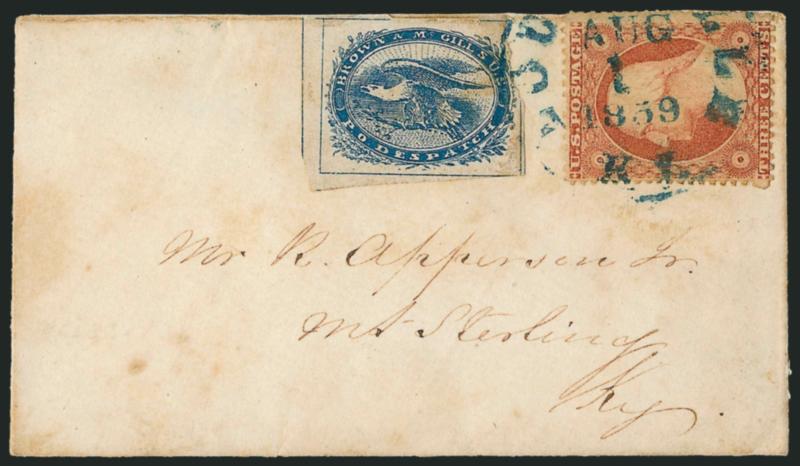Brown & McGills U.S.P.O. Despatch, Louisville Ky., (2c) Blue (5LB2).> Three large margins except at upper right, design clear, used with 3c Dull Red, Ty. III (26), both stamps tied by blue Louisville Ky. Aug.
1, 1859 circular datestamp on small co
