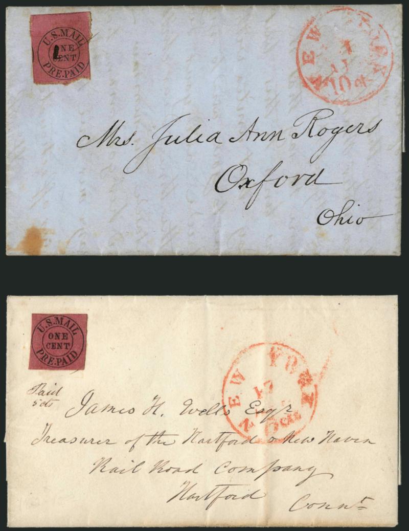 U.S. Mail, New York N.Y., 1c Black on Rose (6LB9).> Two on separate folded letters to Ohio and Conn., 10c and 5c integral-rate circular datestamps respectively, former tied by ms. check mark, latter
uncancelled, Fine