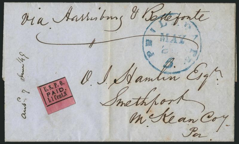 U.S.P.O., Philadelphia Pa., 1c Black on Rose, L S (7LB4).> Huge margins at bottom and left, touched at top and just shaved along right frameline, uncancelled, blue Philada. Pa. 5 May 26 integral-rate circular
datestamp on blue May 25, 1849 folded