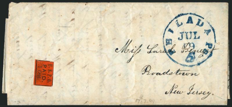 U.S.P.O., Philadelphia Pa., 1c Black on Vermilion Glazed (7LB8).> Framelines complete on two sides, others slightly in, scissors-cut at bottom left, uncancelled, bold blue Philada. Pa. 5 Jul. 19 integral-rate
circular datestamp on 1849 folded lette