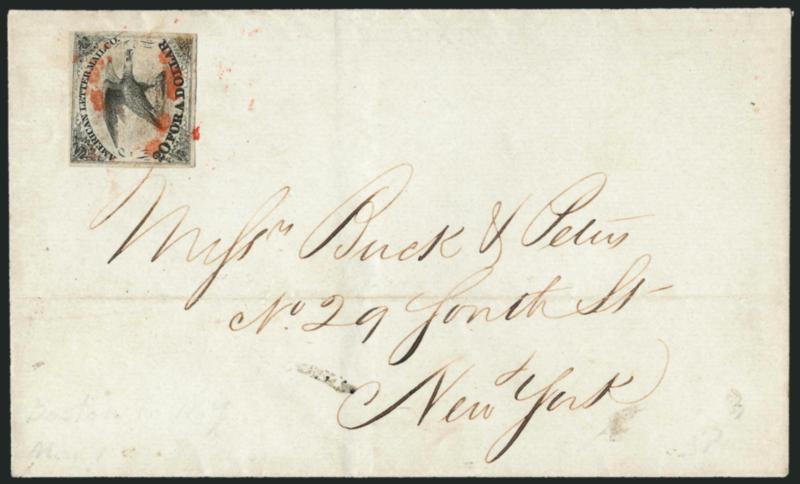 American Letter Mail Co., 5c Black, Thin Paper (5L1).> Ample margins, tied by <red oval of stars> cancel on folded cover to New York City street address, docketed May 1 (1844), Very Fine, Scott Retail
$800.00