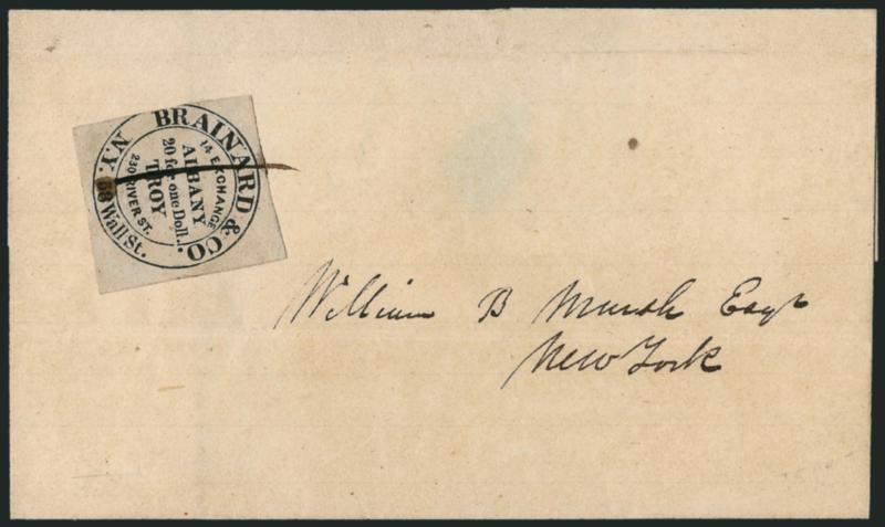 Brainard & Co., New York-Albany-Troy, 5c Black (24L1).> Three large margins, in at left, tied by ms. stroke on undated folded cover to New York City, probably originating at Troy N.Y., circa 1844-45<><>^A FINE
AND FRESH COVER AND ONE OF THE GREAT R