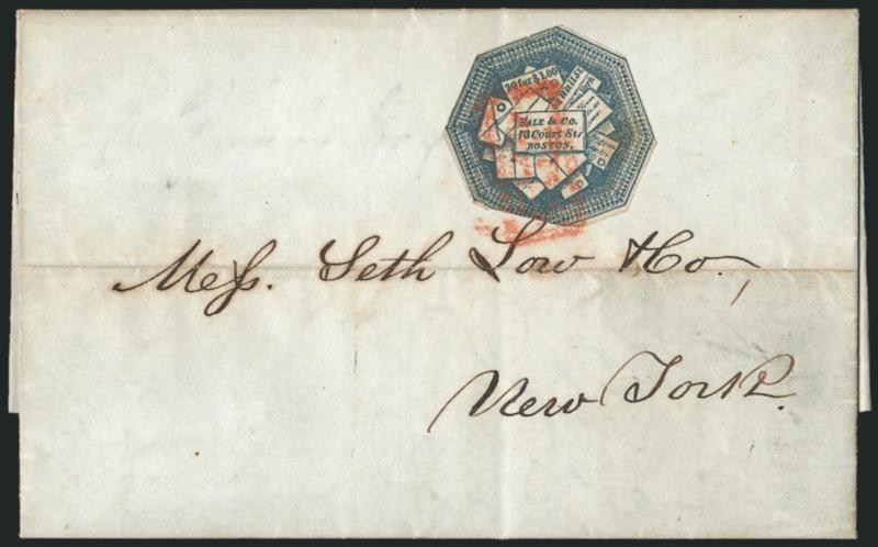 Hale & Co., 5c Dark Blue (75L1).> Cut to shape, in at spots, tied by red Hale & Co. Boston box handstamp on March 29, 1844 folded letter from Boston to New York, light horizontal file fold well clear of stamp,
Very Fine, Scott Retail $200.00