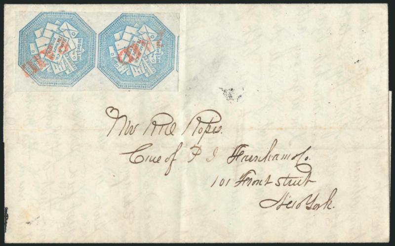 Hale & Co., 5c Light Blue (75L1).> Vertical pair, large margins to just in incl. part of adjoining stamp at top, cancelled by red Paid handstamps on folded cover to New York, fresh and Very Fine, exceptionally
choice quality and a very scarce pair