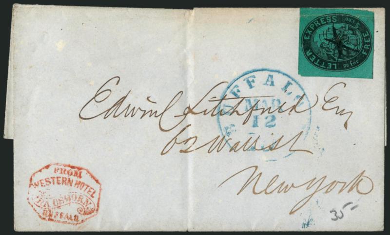 Letter Express (Wells), 5c Black on Green Glazed (96L2).> Large margins, vertical crease at right, cancelled by ms. X, added to a folded cover to New York City, red hotel handstamp at bottom left and with blue
Buffalo N.Y. 10 Mar. 12 integral-rat