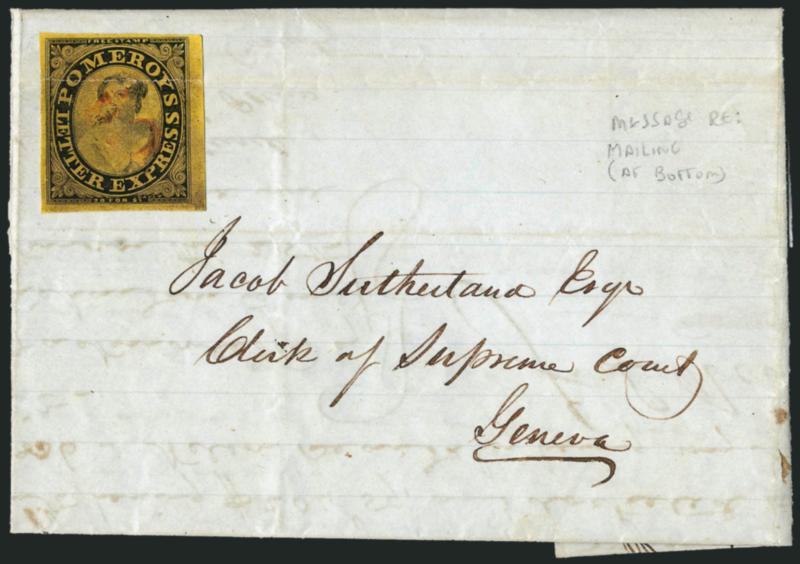 Pomeroys Letter Express, 5c Black on Yellow Surface-Colored Paper (117L1).> Large margins, cancelled by red Cd. handstamp on folded letter from Cayuga County to Geneva N.Y., stamp tied by horizontal file fold,
otherwise Very Fine