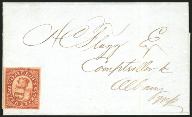 Pomeroys Letter Express, 5c Lake on Thin Bond (117L6).> Full to large margins, beautiful rich color and impression, cancelled by red Paid straightline (not tied), used on Aug. 6, 1844 folded letter from New
York City to Albany, from the A. Flagg c