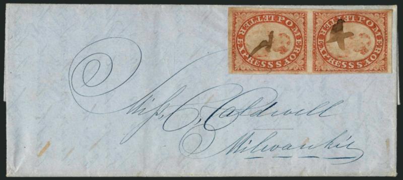 Pomeroys Letter Express, 5c Orange-Red on Thin Bond (117L7).> Vertical pair, large margins to ample at upper right, cancelled by ms. (not tied), used on undated blue folded cover with part of letter, probably
originated in Albany N.Y., addressed to