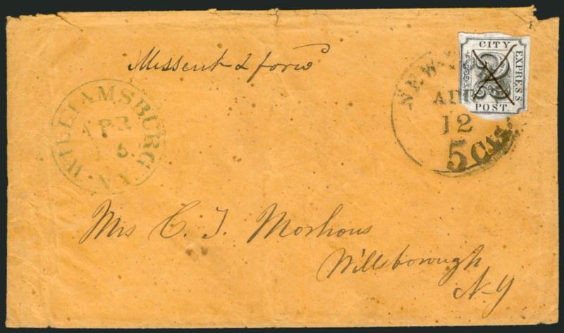 Adams City Express Post, New York N.Y., 2c Black on Gray (2L4).> Irregular margins, large on two sides, into bottom left corner, ms. X cancel, tied by black New-York 5 cts Apr. 12 circular datestamp on buff
cover to Willsborough N.Y., blue Will