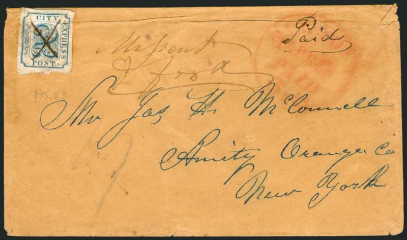 Adams City Express Post, New York N.Y., 2c Blue (2L5).> Position 83 (on stone of 100), large margins, ms. X cancel, lifted to show tying effects of cancel bleed-thru, used on brown cover addressed in blue to
Amity N.Y., red New-York Paid 5 cts. A