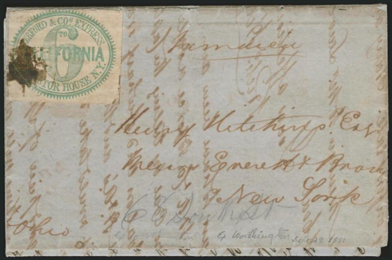 Berford & Co.s Express, New York N.Y., 6c Green (11L2).> Large margins to ample at top, tied by ink smear on blue folded letter datelined <<Kingston, Jamaica, Monday morning 29 Sepr. 1851>> from Richard
Hitchins to Henry Hitchins in New York City,