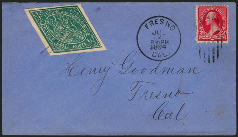 Bicycle Mail Route, Cal., 25c Green, Retouched Die (12L2).> Large margins, tied by purple bars cancel, 2c Carmine (220) tied by oval grid with duplex Fresno Cal. Jul. 12 8:30PM 1894 circular datestamp on blue
cover to Fresno Cal., backstamped with