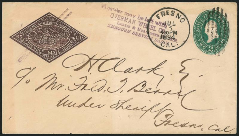 Bicycle Mail Route, Cal., 25c Brown Entire (12LU1).> On 2c Green (U311) entire to Fresno Cal., Overman Wheel Co. handstamp, Fresno Cal. Jul. 15 4:30PM 1894 datestamp and duplex oval grid cancel, backstamped
with purple Jul. 15, 1894 Victor Bicycle