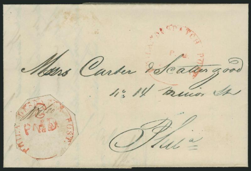 Philadelphia Despatch Post, Philadelphia Pa., 3c Red (15L1).> Octagonal margins just barely into letters IL, bright white paper and remarkably clear impression of Phila. Despatch Post P.M. handstamp, ms. R &
Co. control mark, perfectly clear st