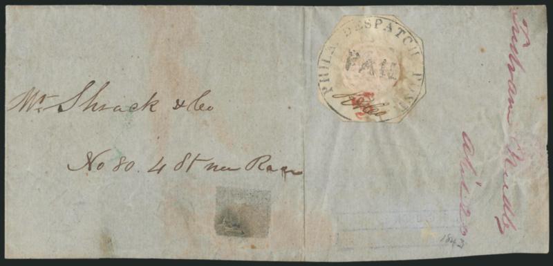 Philadelphia Despatch Post, Philadelphia Pa., 3c Black (15L2).> Cut to shape clear of circle almost all around, every letter of Phila. Despatch Post unusually well-defined, black Paid handstamp struck clearly
and R & Co. ms. control, affixed wi