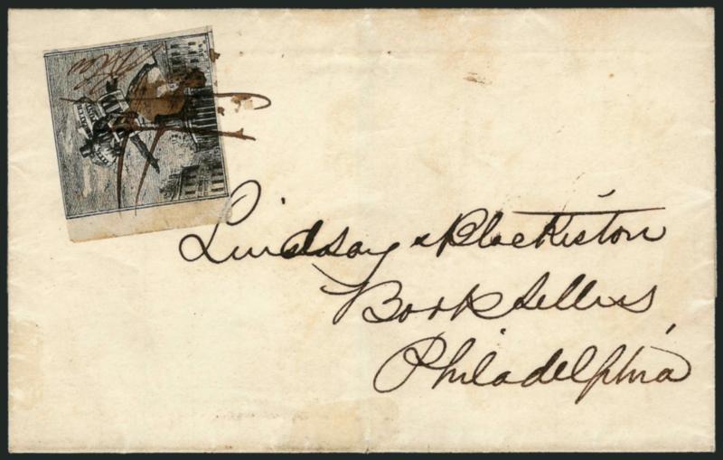 Philadelphia Despatch Post, Philadelphia Pa., (3c) Black on Grayish, R & Co. Initials (15L3).> Ample to large margins incl. left sheet margin, touched at top left, tied by ms.  cancel on folded cover to local
addressee<><>^VERY FINE. A RARE TI
