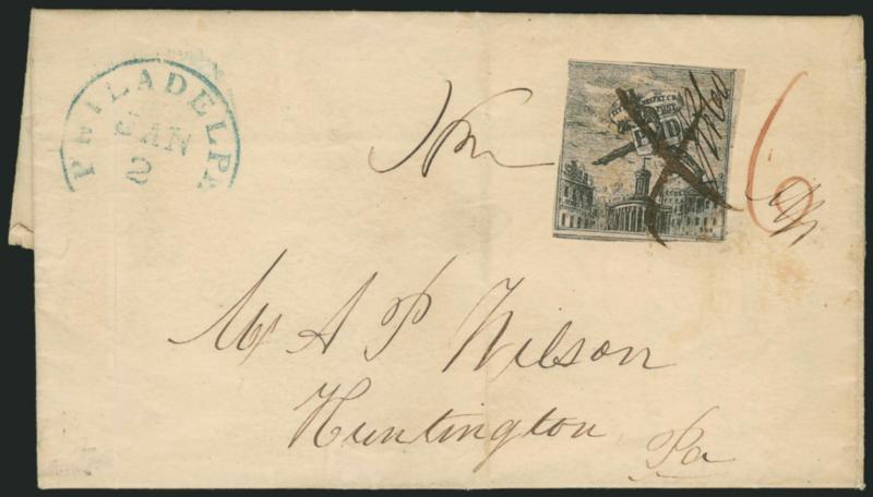 Philadelphia Despatch Post, Philadelphia Pa., (3c) Black on Grayish , R & Co. Initials (15L3).> Thin paper showing clear background lines, two full margins to slightly in, tied by ms. X cancel on 1845 folded
letter <to Huntington Pa.,> blue Phil
