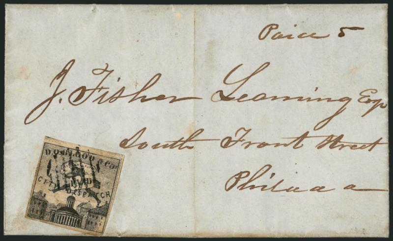 D. O. Blood & Co., Philadelphia Pa., (2c) Black (15L6).> Cancelled by neat strike of 7-bar grid on folded letter datelined <<Tuckahoe June 1st 1848>> to Philadelphia, ms. Paid 5 at top left, light vertical file
fold does not affect stamp, the sta