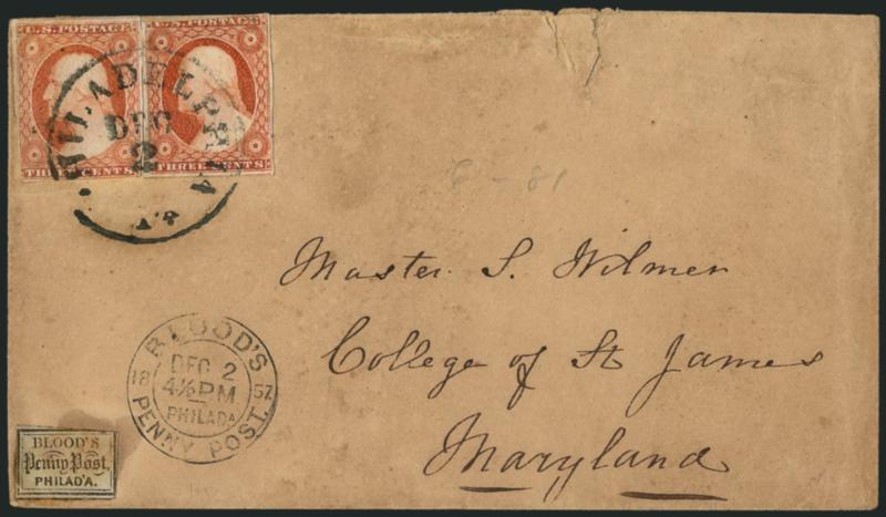 Bloods City Despatch, Philadelphia Pa., (1c) Bronze on Lilac (15L14).> Acid tied, used with two 3c Dull Red, Ty. II (11A), tied by Philadelphia Pa. Dec. 2 circular datestamp on buff cover to College of St.
James in Md., neat strike of Bloods Pen