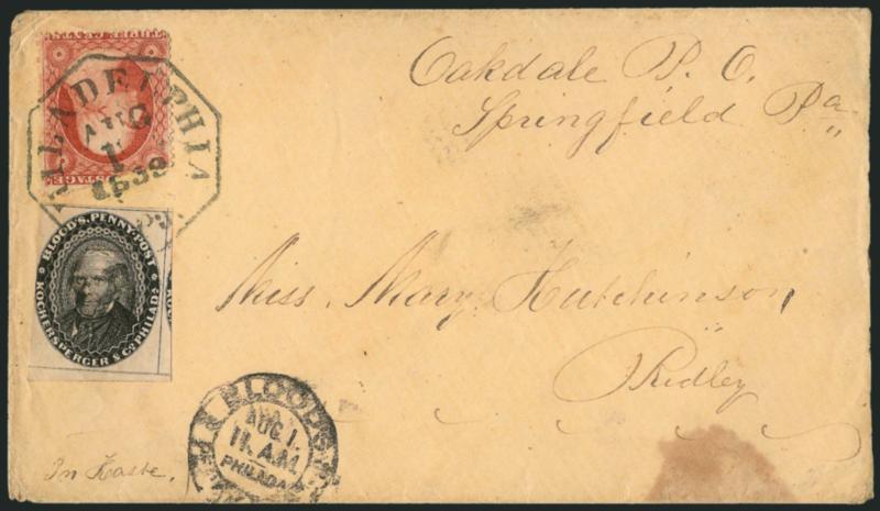 Bloods Penny Post, Philadelphia Pa., (1c) Black (15L18).> Three huge margins to just in at left, 1 in oval cancel, used with 3c Dull Red, Ty. III (26), corner torn off by sender but not noticeable because year
date covers the spot, both stamps tie