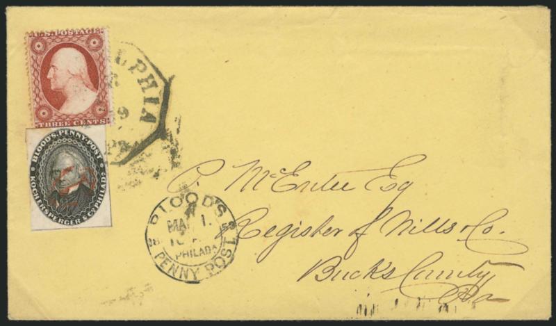 Bloods Penny Post, Philadelphia Pa., (1c) Black (15L18).> Three large margins to just clear at left, red 1 in oval cancel, used with 3c Dull Red, Ty. III (26), rich color, both stamps tied by Philadelphia Pa.
Mar. 1, 1859 octagonal datestamp on