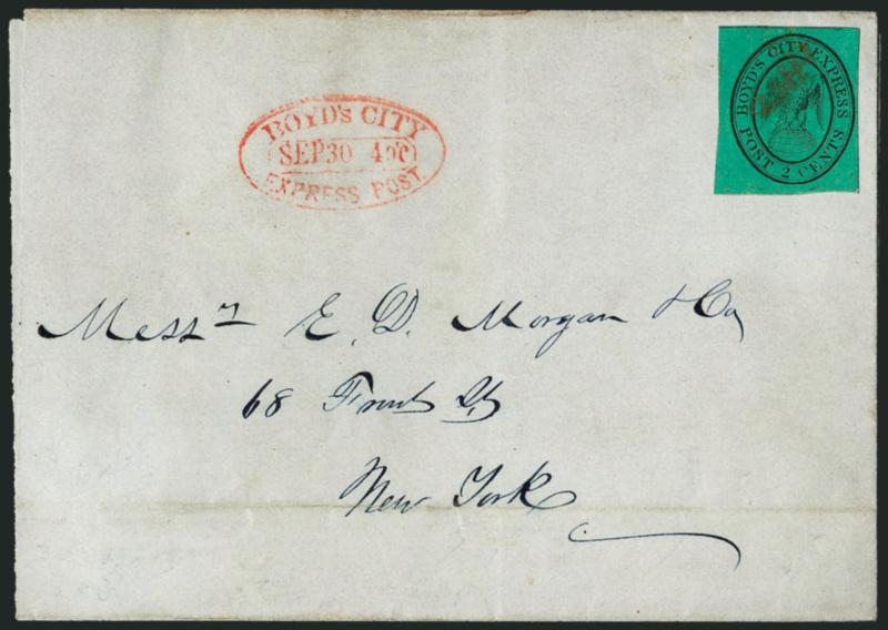 Boyds City Express, New York N.Y., 2c Black on Bluish Green (20L3).> Huge margins to full, cancelled by red Free handstamp, matching Boyds City Express Post Sep 30 4oc oval datestamp on 1844 folded cover to
local street address, fresh and Very