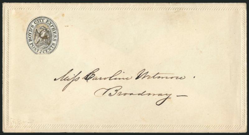 Boyds City Express, New York N.Y., 2c Gold on Cream (20L5).> Cut to shape with margins to in, cancelled by ms. C on ladys cover with embossed border to local street address, fresh and Very Fine, the Boyds 2c
social stamp is scarce on cover, we
