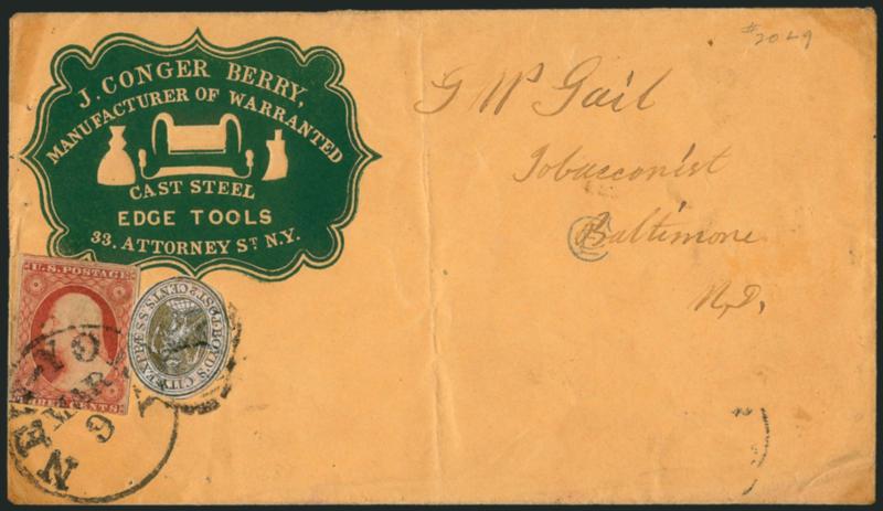 Boyds City Express, New York N.Y., 2c Gold (20L9).> Cut to shape, margins to just in, used with 3c Dull Red, Ty. I (11) and both tied by grid, New-York Mar. 9 circular datestamp on green <Cast Steel
Manufacturers cameo corner card> cover to Balti