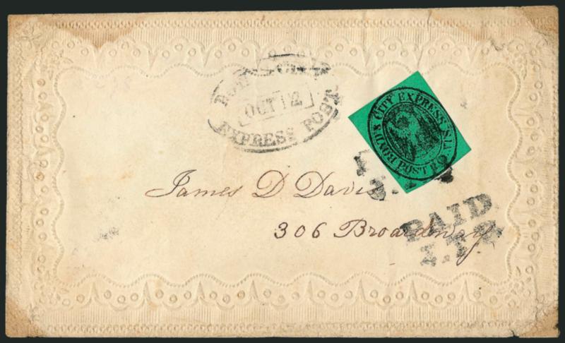 Boyds City Express, New York N.Y., 2c Black on Green (20L10).> Two covers with singles tied by handstamp, to local street addresses, one is an embossed envelope, minor faults, Fine, Scott Retail
$400.00
