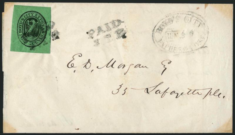 Boyds City Express, New York N.Y., 2c Black on Olive Green (20L11).> Huge margins, tied by Paid J.T.B. handstamp, second strike at right, on 1856 folded letter to local street address, Boyds City Express Post
June 8 9 OC oval datestamp, light