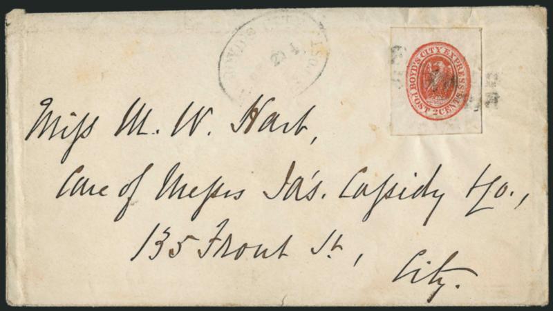 Boyds City Express, New York N.Y., 2c Brick Red (20L12).> Huge margins, tied by light strike of Paid J.T.B. handstamp on cover to local street address, faint Boyds City Express Post Dec. 29 oval datestamp, with
original contents, trivial edgewe