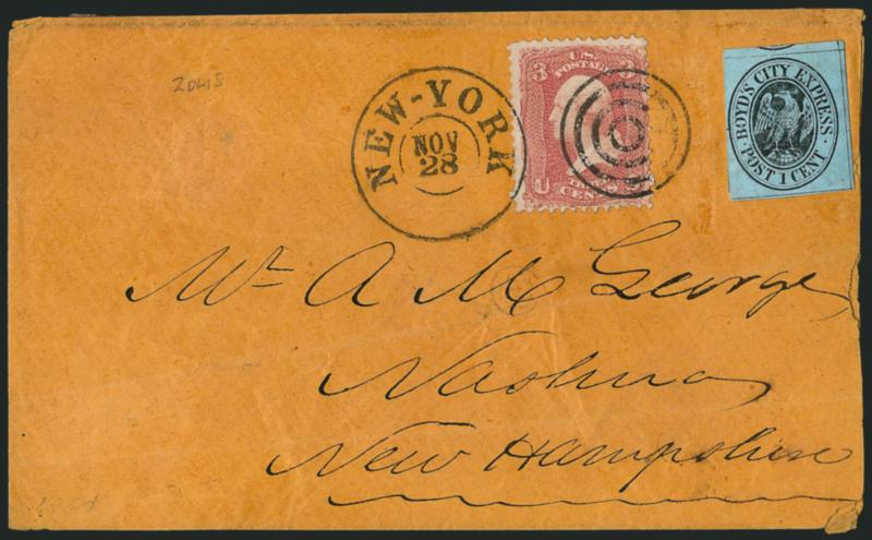 Boyds City Express, New York N.Y., 1c Black on Blue Gray (20L18).> Two covers, each with distinctly different papers with one  a very pale shade (not tied), each used with 3c Rose (65), one to Nashua N.H.,
other to Dunkirk N.Y., trivial wear, Fine-V