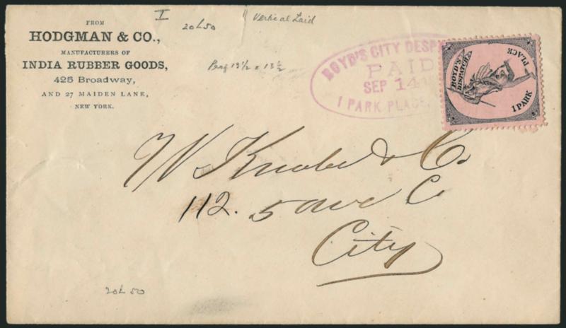 Boyds Dispatch, New York N.Y., (unstated value) Black on Lilac Pink Laid (20L50).> Tied by purple Boyds City Despatch, 1 Park Place, N.Y., Paid, Sep. 14, 1882 oval datestamp on corner card cover to local street
address, small tear at top, Very Fi
