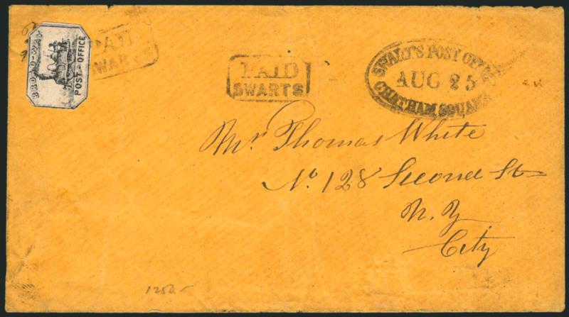 Broadway Post Office, New York N.Y., (1c) Black (26L2).> Cut to shape and tied by Paid Swarts boxed handstamp, second strike at right, on orange cover to local street address, bold Swarts Post Office, Chatham
Square, Aug. 25 oval handstamp, some