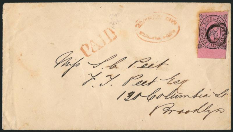 Brooklyn City Express Post, Brooklyn N.Y., 2c Black on Pink (28L4).> Top sheet margin, large at bottom and just touching at sides, tied by circle cancel, red Brooklyn City Express Post oval handstamp and
matching Paid straightline on cover to loc