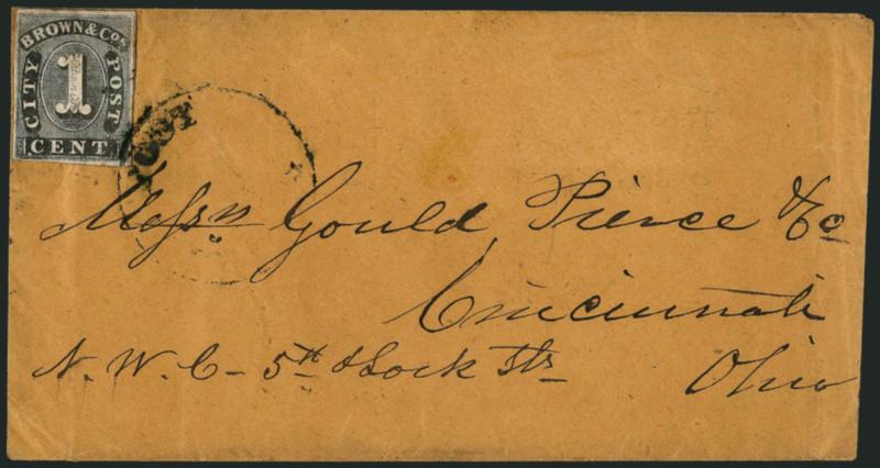 Browne & Co.s City Post Office, Cincinnati, 1c Black (29L1).> Ample to large margins, very small tear at bottom, <tied> by black City Post in circle handstamp on buff cover to local street address, few minor
wrinkles<><>^VERY FINE. AN EXTREMELY