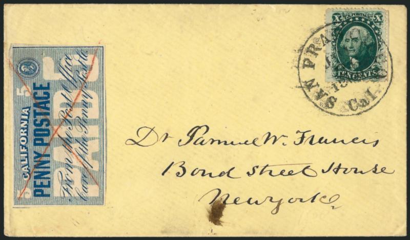 California Penny Post Co., San Francisco, 5c Blue (34L4).> Red crayon X, added to a yellow cover with 10c Green, Ty. V (35) tied by San Francisco Cal. Jul. 26, 1860 circular datestamp, which is about five years
too late for this California post,