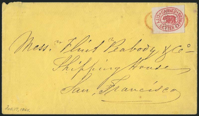 Carnes City Letter Express, San Francisco, (5c) Rose (35L1).> Large margins, tied by needle-point grid that pierces the paper, affixed over red City LetterCarnesExpress double-line oval handstamp on yellow
cover to local shipping house, with ori