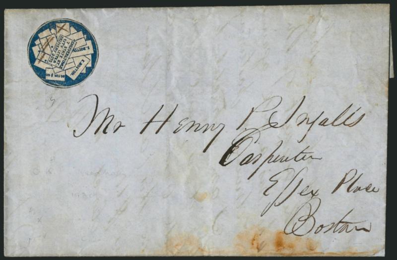 Cheever & Towle, Boston Mass., 2c Blue (37L1).> Cut to shape, cancelled by ms. and used on blue 1844 folded letter to local street address, some toning at bottom of cover, Very Fine, Scott Retail
$500.00